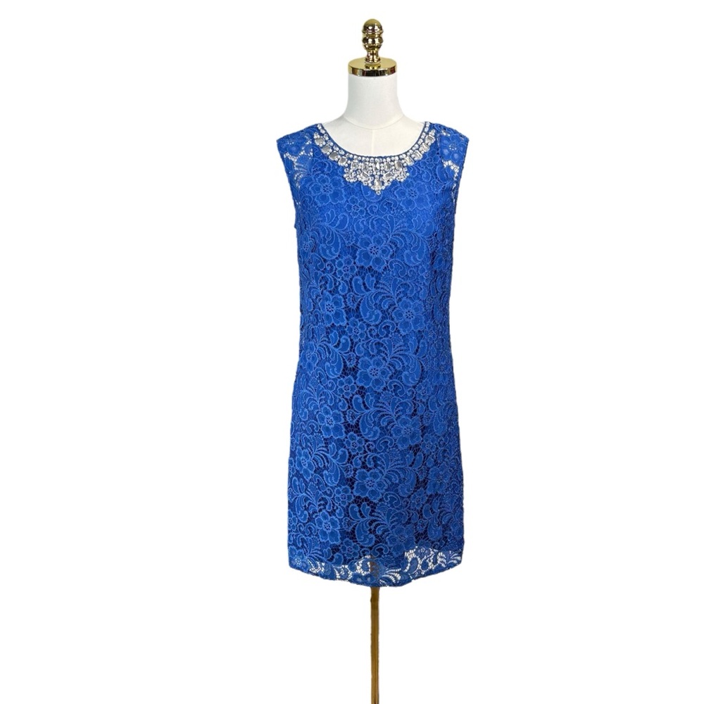 Woman’s Laundry by Shelli Segal blue lace overlay dress jeweled neckline size 8
